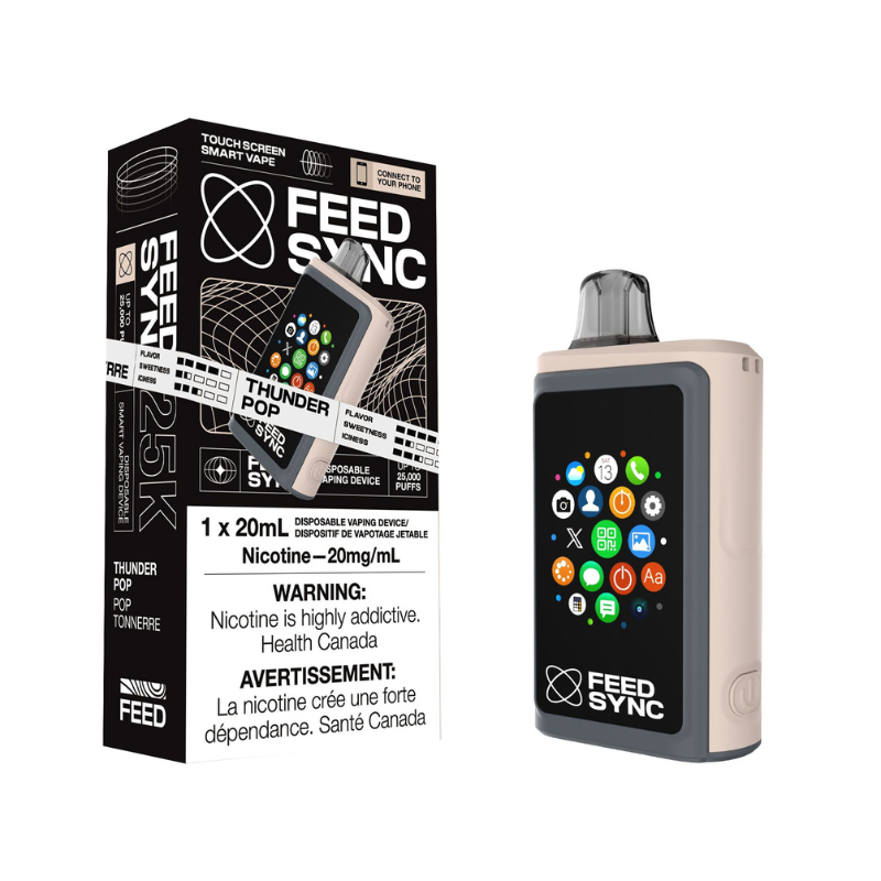 Thunder Pop Feed Sync Disposable Vape - 25,000 Puffs Zesty Sprite flavour with a fizzy, refreshing burst. Get ready to elevate your vaping game with the Feed Sync Disposable Vape—the world’s first smart disposable vape that’s packed with jaw-dropping features! This amazing device easily connects to both Android and Apple phones, giving you cool perks like SMS alerts, camera control, call functionality, social media updates, and even gaming. Flavour: 3.5/5 Sweetness: 2/5 Iciness: 3.5/5 