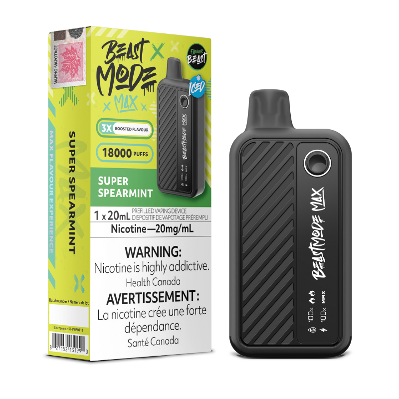 SUPER SPEARMINT  FLAVOUR BEAST BEAST MODE MAX - 18,000 PUFFS 20mL e-liquid, 850mAh rechargeable battery, Battery and E-liquid Display  3 Modes: Standard (18K), Beast (15K), MAX (12K)