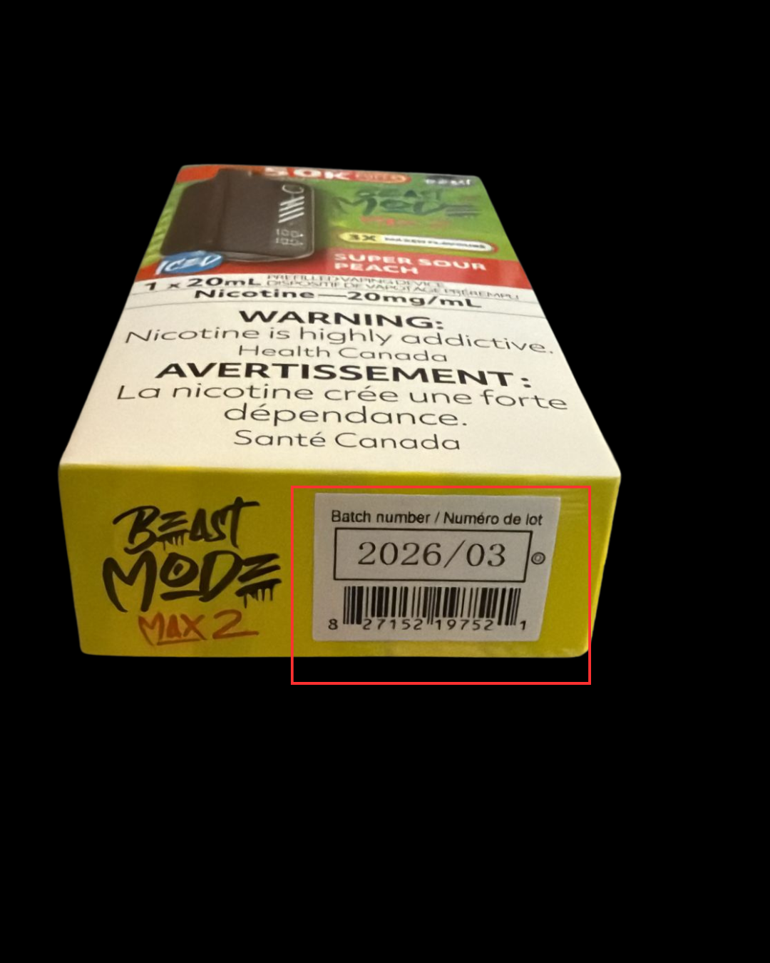 Flavour Beast batch code location highlighted above the barcode on the end panel of the box