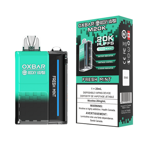 FRESH MINT OXBAR DISPOSABLE VAPE - 20000 PUFFs 20ML e-liquid, 20MG nicotine, 20000 puffs, Boost Mode 12W to 28W, 900 mAh rechargeable battery, a mega display screen. Same day delivery at a vape shop near me mistervapor.ca