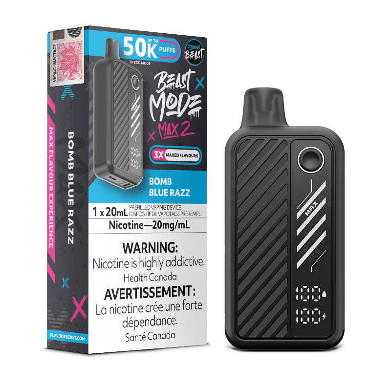 BOMB BLUE RAZZ BEAST MODE MAX 2 BY FLAVOUR BEAST with 50000 puffs , adjustable modes and 850 mah rechargeable battery. Buy now at Mister Vapor.