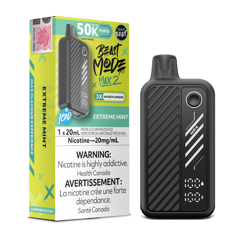 EXTREME MINT ICED BEAST MODE MAX 2 BY FLAVOUR BEAST with 50000 puffs , adjustable modes and 850 mah rechargeable battery. Buy now at Mister Vapor.