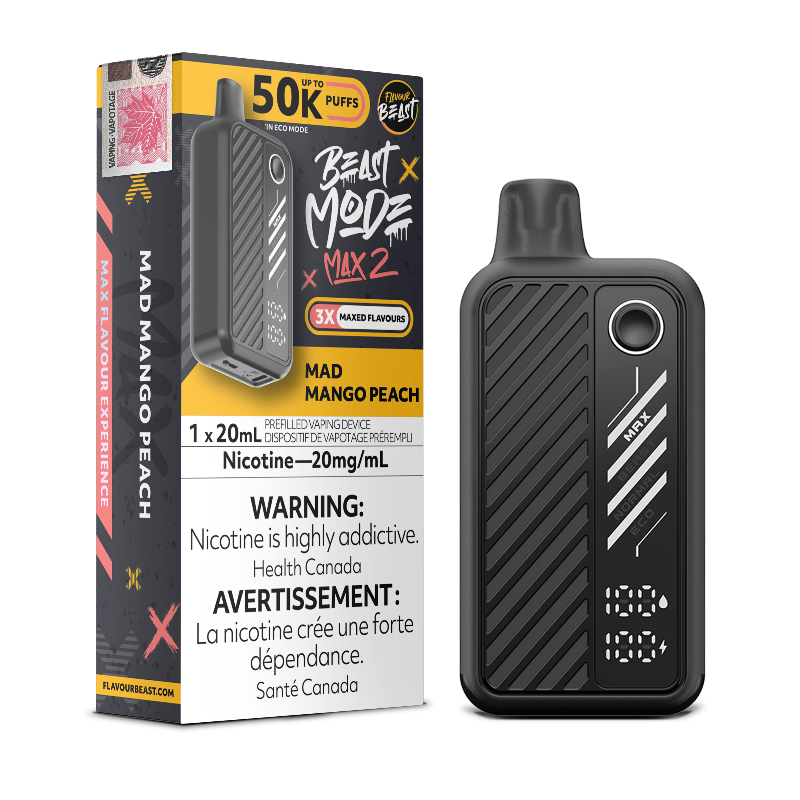 MAD MANGO PEACH BEAST MODE MAX 2 BY FLAVOUR BEAST with 50000 puffs , adjustable modes and 850 mah rechargeable battery. Buy now at Mister Vapor.