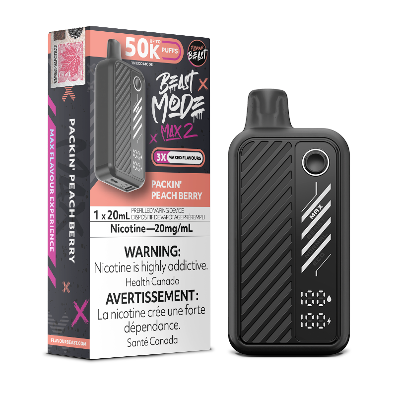 PACKIN' PEACH BERRY BEAST MODE MAX 2 BY FLAVOUR BEAST with 50000 puffs , adjustable modes and 850 mah rechargeable battery. Buy now at Mister Vapor.