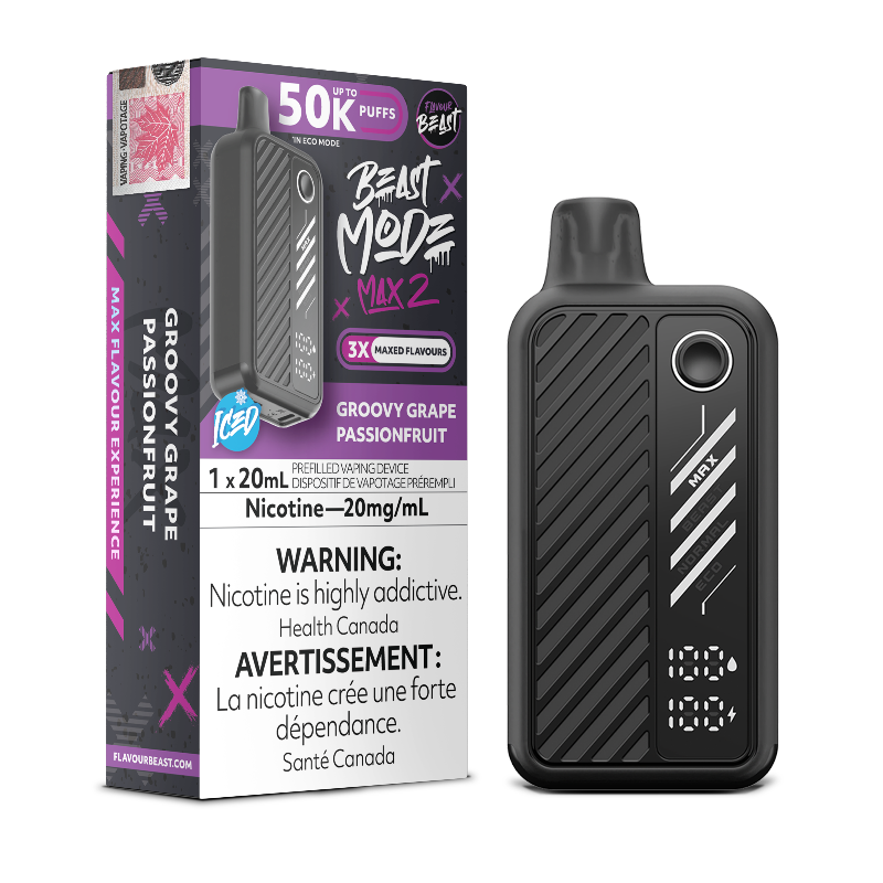 GROOVY GRAPE PASSIONFRUIT ICED BEAST MODE MAX 2 BY FLAVOUR BEAST with 50000 puffs , adjustable modes and 850 mah rechargeable battery. Buy now at Mister Vapor.