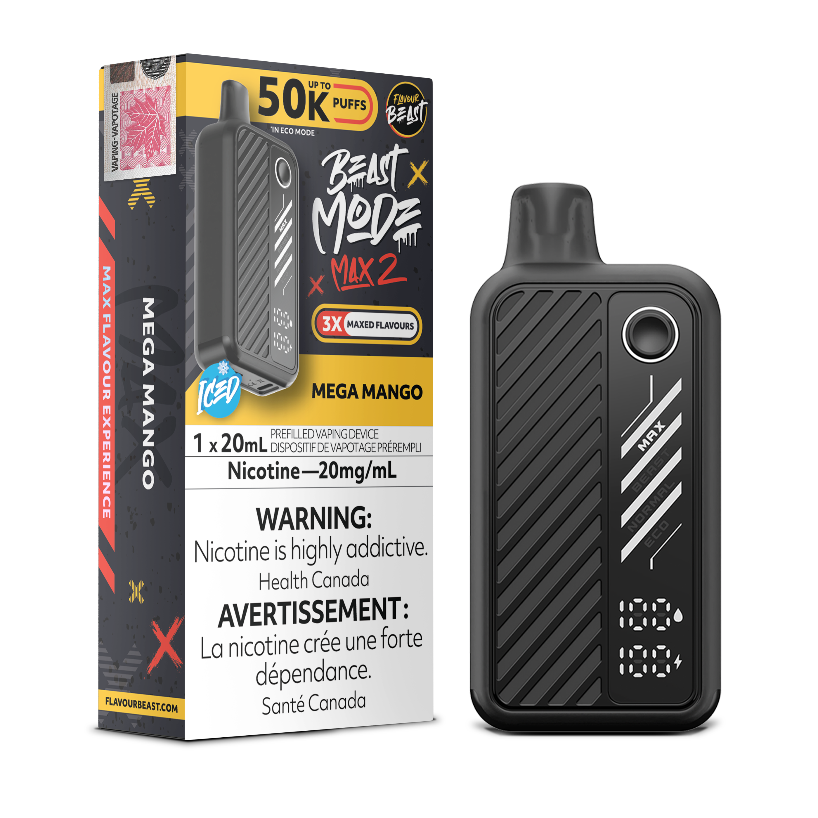 MEGA MANGO ICED BEAST MODE MAX 2 BY FLAVOUR BEAST with 50k puffs , adjustable airflow and rechargeable battery. Buy now at Mister Vapor.