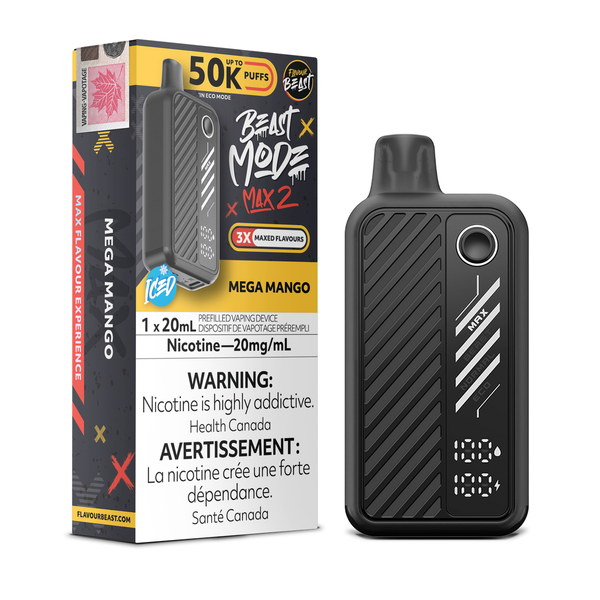 MEGA MANGO ICED BEAST MODE MAX 2 BY FLAVOUR BEAST with 50k puffs , adjustable airflow and rechargeable battery. Buy now at Mister Vapor.