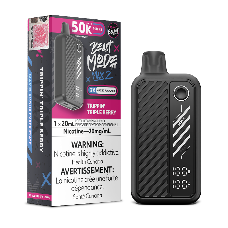 TRIPPIN' TRIPLE BERRY BEAST MODE MAX 2 BY FLAVOUR BEAST with 50K puffs , 4 power modes and rechargeable battery. Buy now at Mister Vapor.