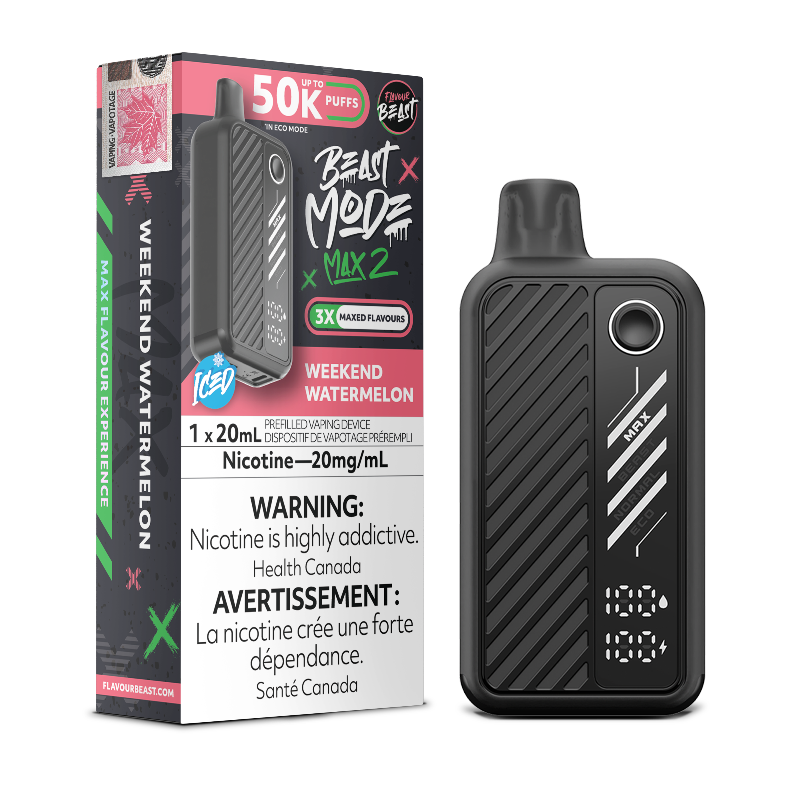 WEEKEND WATERMELON ICED BEAST MODE MAX 2 BY FLAVOUR BEAST with 50000 puffs , 4 power modes and rechargeable battery. Buy now at Mister Vapor.