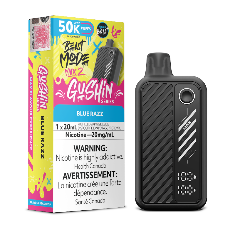 Experience Gushin Series Blue Razz with 4 vape modes, 20ml e-liquid, 50K puffs, and a sleek UI display in the Beast Mode Max 2 by Flavour Beast.