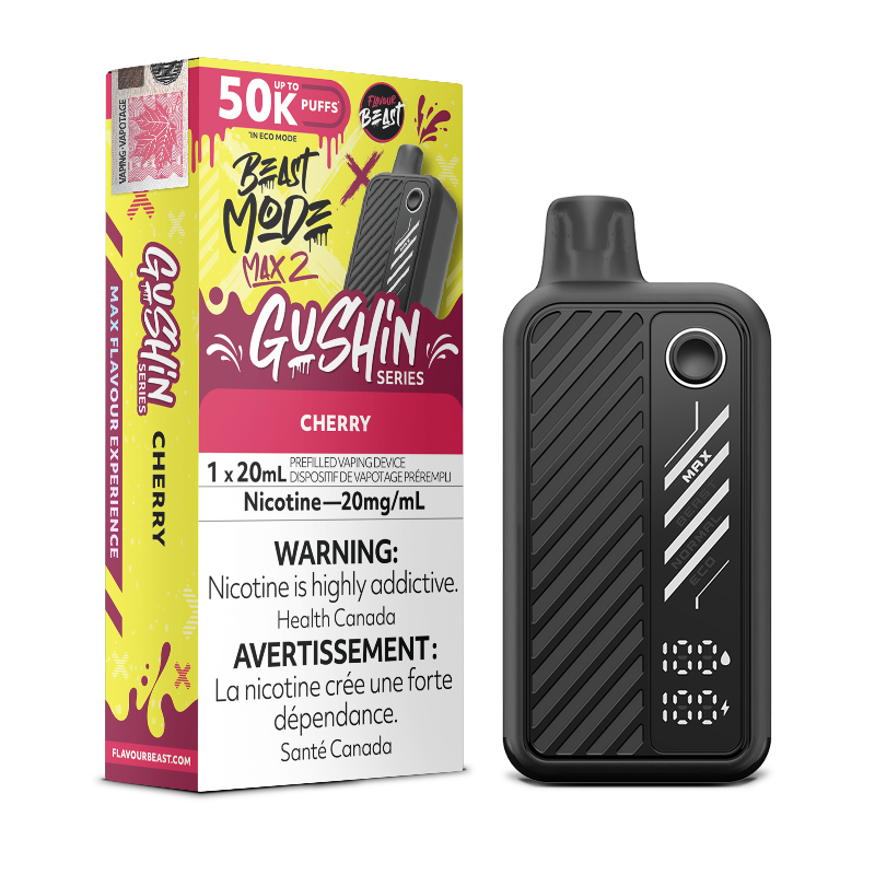 Experience Gushin Series Cherry with 4 vape modes, 20ml e-liquid, 50K puffs, and a sleek UI display in the Beast Mode Max 2 by Flavour Beast.