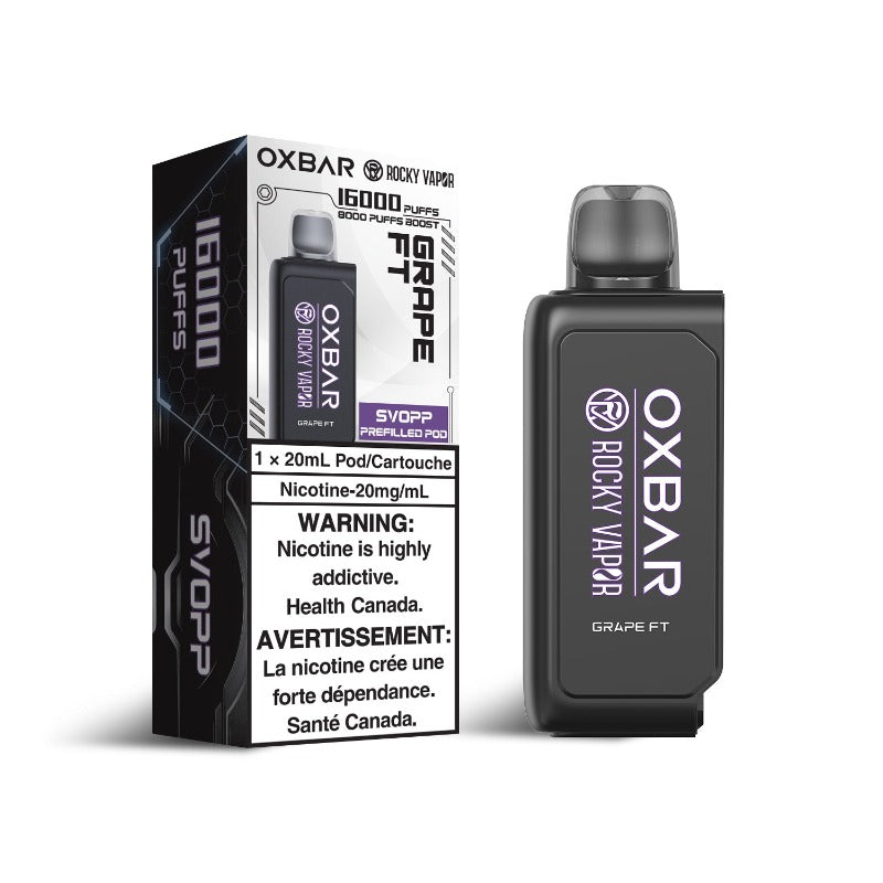 GRAPE FT OXBAR SVOPP DISPOSABLE POD A burst of juicy, sweet grape goodness, reminiscent of your favorite fizzy soda. With every puff, enjoy the vibrant, tangy notes that create a refreshing and nostalgic experience, making it the perfect all-day vape for grape lovers.