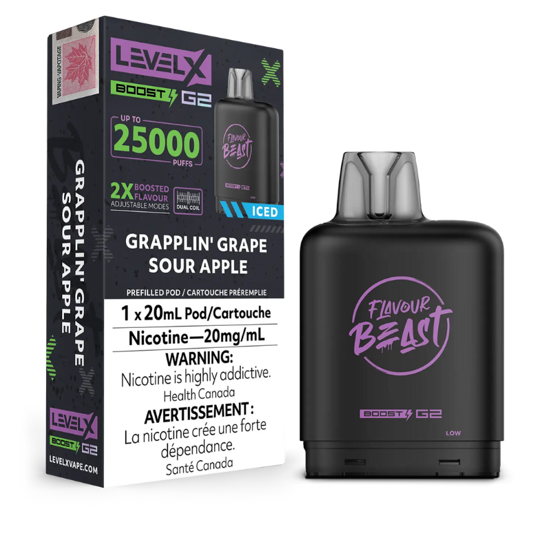 GRAPPLIN' GRAPE SOUR APPLE LEVEL X BOOST PODS VAPE VAPING DEVICE G2 25K PUFFS ADJUSTABLE MODE FLAVOUR