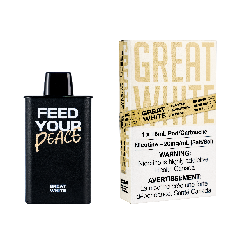 GREAT WHITE FEED POD (9000 PUFFs) This blend offers a smooth, creamy, and sweet flavor that is reminiscent of classic vanilla bean. The taste is rich and comforting, with subtle notes of custard and a hint of caramel.