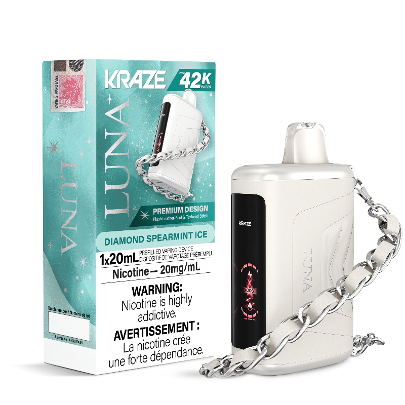 DIAMOND SPEARMINT ICE KRAZE LUNA 42K DISPOSABLE VAPE : featuring 42000 Puffs, 20mL e-liquid, adjustable airflow, 2-in-1 Airflow & Mode Switch & Type-C Charging.