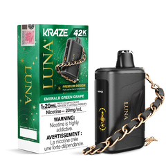 EMERALD GREEN GRAPE KRAZE LUNA 42K DISPOSABLE VAPE : featuring 42000 Puffs, 20mL e-liquid, adjustable airflow, 2-in-1 Airflow & Mode Switch & Type-C Charging.