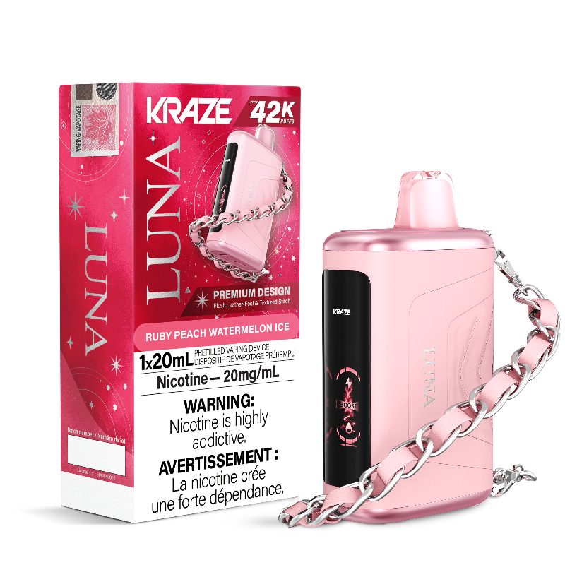 RUBY PEACH WATERMELON ICE KRAZE LUNA 42K DISPOSABLE VAPE : featuring 42000 Puffs, 20mL e-liquid, adjustable airflow, 2-in-1 Airflow & Mode Switch & Type-C Charging.