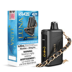 SAPPHIRE BLUE RAZZ ICE KRAZE LUNA 42K DISPOSABLE VAPE : featuring 42000 Puffs, 20mL e-liquid, adjustable airflow, 2-in-1 Airflow & Mode Switch & Type-C Charging.