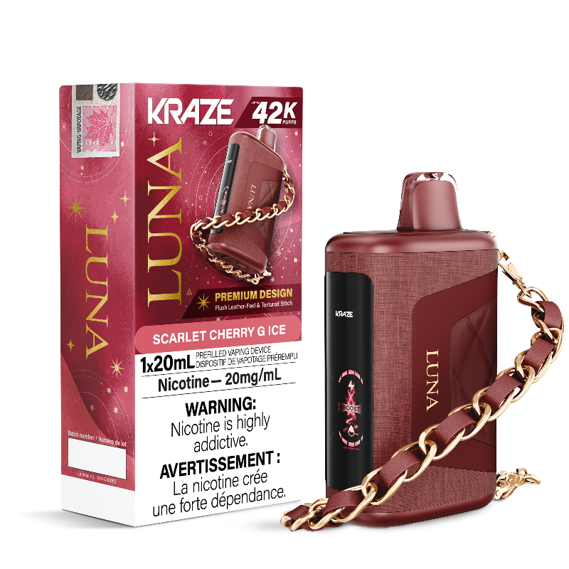 SCARLET CHERRY G ICE KRAZE LUNA 42K DISPOSABLE VAPE : featuring 42000 Puffs, 20mL e-liquid, adjustable airflow, 2-in-1 Airflow & Mode Switch & Type-C Charging.