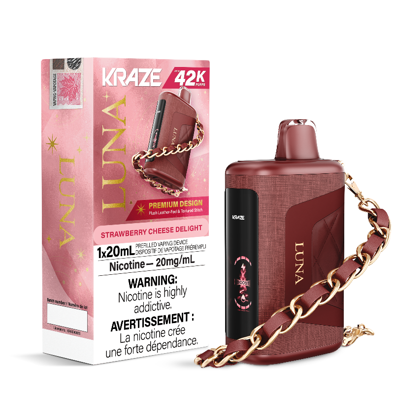 STRAWBERRY CHEESE DELIGHT KRAZE LUNA 42K DISPOSABLE VAPE : featuring 42000 Puffs, 20mL e-liquid, adjustable airflow, 2-in-1 Airflow & Mode Switch & Type-C Charging.