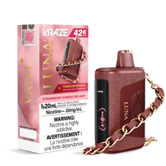 STRAWBERRY CHEESE DELIGHT KRAZE LUNA 42K DISPOSABLE VAPE : featuring 42000 Puffs, 20mL e-liquid, adjustable airflow, 2-in-1 Airflow & Mode Switch & Type-C Charging.