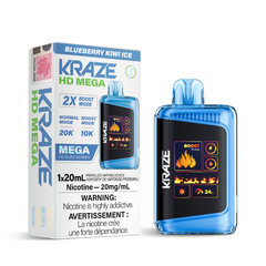 BLUEBERRY KIWI ICE KRAZE HD MEGA (20000 PUFFs) DISPOSABLE VAPE Featuring 1.77-inch OLED screen, dual-coil technology, 20mL e-liquid capacity, 20,000 puffs, Boost Mode. Same-day and next day delivery within the zone and express shipping GTA, Aurora, Saguenay, Laval, Gatineau, Longueuil, Sherbrooke, Lévis, Scarborough, Brampton, Etobicoke, Mississauga, Markham, Richmond Hill, Ottawa, Oshawa, Vaughan, Toronto, York, North York, Newmarket, Montreal, Burlington, Oakview, Ajax, Whitby