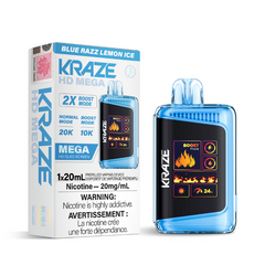 BLUE RAZZ LEMON ICE KRAZE HD MEGA (20000 PUFFs) DISPOSABLE VAPE Featuring 1.77-inch OLED screen, dual-coil technology, 20mL e-liquid capacity, 20,000 puffs, Boost Mode. 