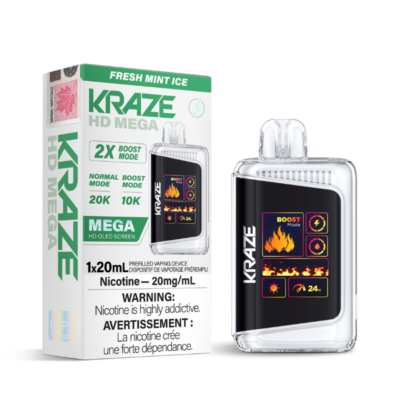 FRESH MINT ICE KRAZE HD MEGA (20000 PUFFs) DISPOSABLE VAPE Featuring 1.77-inch OLED screen, dual-coil technology, 20mL e-liquid capacity, 20,000 puffs, Boost Mode. Next day delivery Quebec