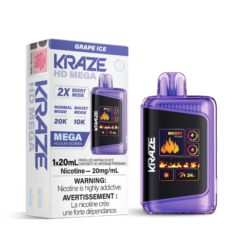 GRAPE ICE KRAZE HD MEGA (20000 PUFFs) DISPOSABLE VAPE Featuring 1.77-inch OLED screen, dual-coil technology, 20mL e-liquid capacity, 20,000 puffs, Boost Mode. Next day delivery to Montreal, Quebec