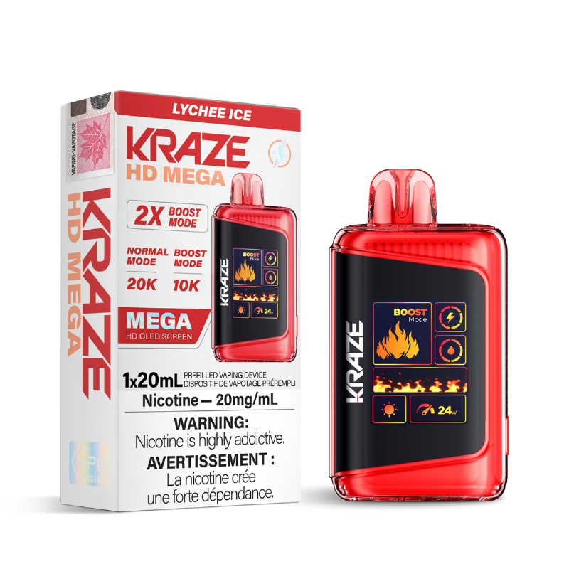 NOW SHIPPING KRAZE HD MEGA LYCHEE ICE (20k PUFFs) DISPOSABLE VAPE Experience the refreshing and unique vaping sensation as exotic lychee fruit's delicate sweetness is enveloped in a blanket of icy coolness, taking center stage!