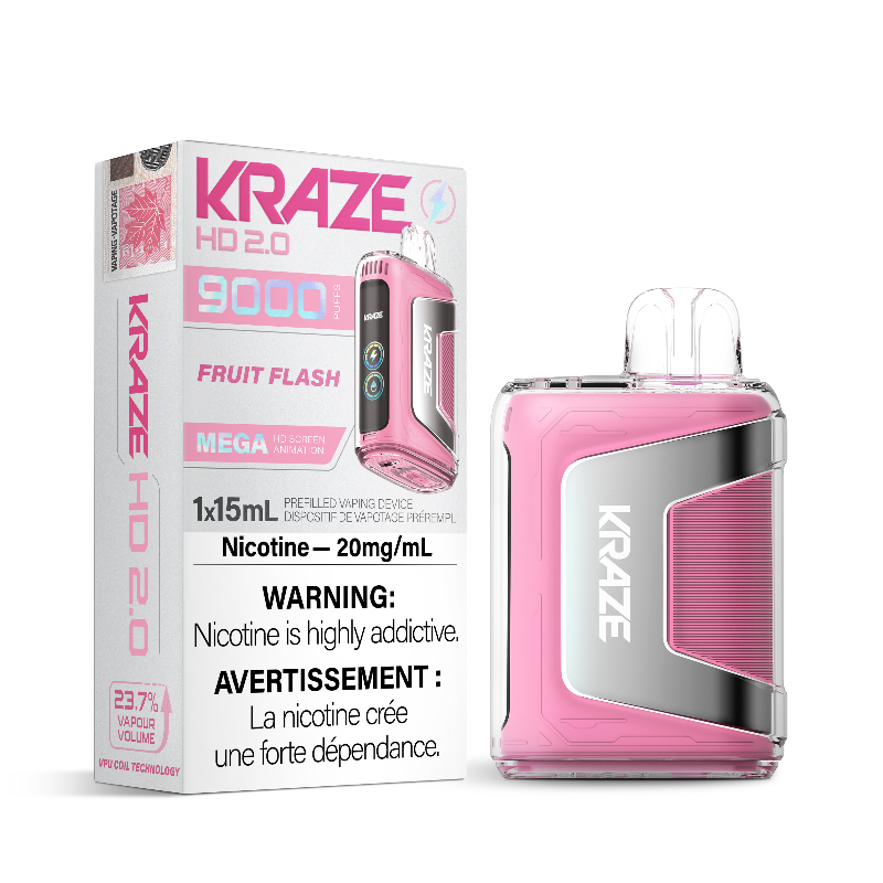 FRUIT FLASH KRAZE HD 2.0 DISPOSABLE VAPE (9000 PUFFs) FRUIT FLASH, a tantalizing burst of your beloved fruits in a single puff! Experience the electrifying fusion of tangy and nectarous notes that awaken your taste buds and enliven your palate. This extraordinary flavor symphony will leave you craving for more.