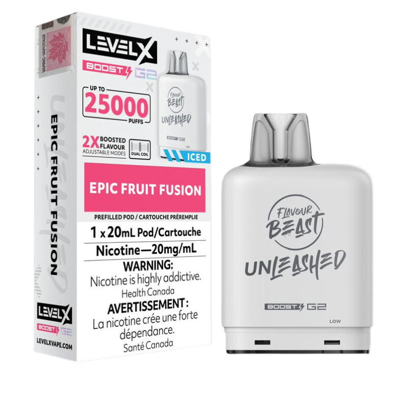 FRUIT FUSION ICED EPIC LEVEL X BOOST PODS A vibrant blend of juicy strawberries, tropical pineapple, and refreshing watermelon, creating a burst of tasty and tangy fruit flavours.