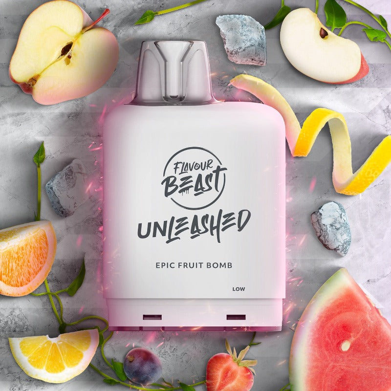 FRUIT BOMB ICED EPIC LEVEL X BOOST PODS Burst of vibrant fruity flavors, blending hints of apple, grape, watermelon, strawberry, lemon, and orange to create the ultimate and explosive fruit combination.