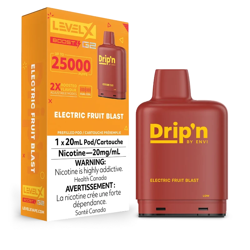 Experience bold, boosted flavours with LEVEL X G2 Electric Fruit Blast Boost Drip'n Pods! Enjoy up to 25,000 puffs, 2x flavour modes, and smooth vapor powered by dual mesh coils. Compatible with all Level X batteries and designed for comfort, this pod delivers ultimate performance.