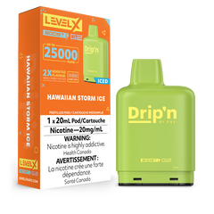 Discover the exotic blend of pineapple, mango, and passionfruit with a cool menthol twist in the LEVEL X G2 Hawaiian Storm Ice Boost Drip'n Pods. Up to 25,000 puffs, eco-friendly, and packed with intense flavour. Compatible with Level X G2 batteries.