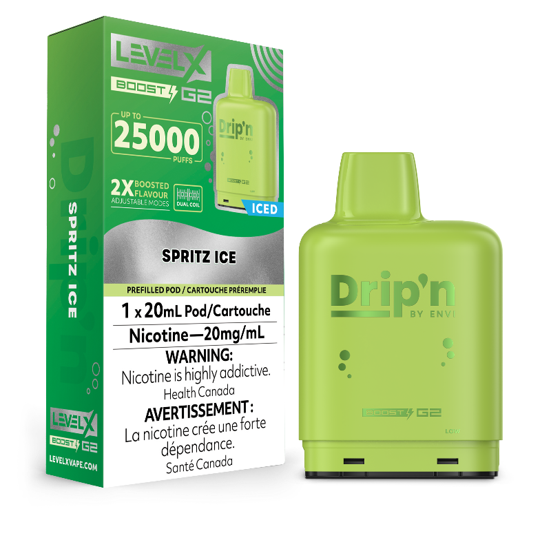 Experience the refreshing burst of lemon-lime soda with LEVEL X G2 Spritz Boost Drip'n Pods. Enjoy up to 25,000 puffs, 2x boosted flavours, adjustable airflow, and eco-friendly design.