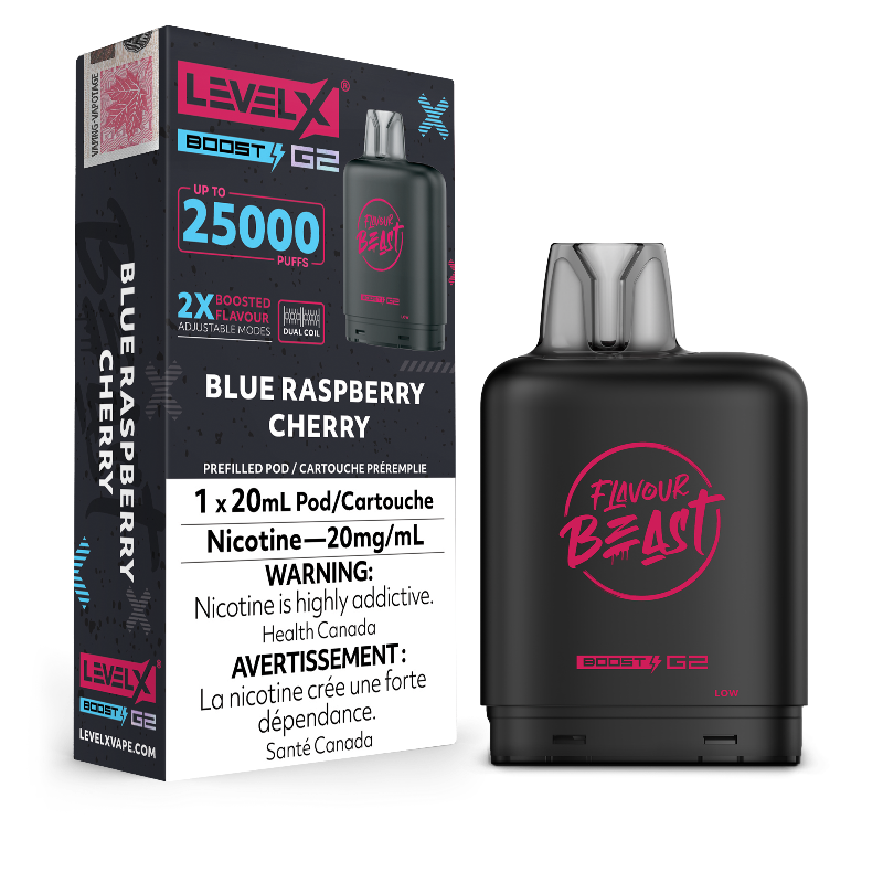 New Flavour ! BLUE RASPBERRY CHERRY LEVEL X BOOST PODS Buy Now , with 25000 puffs and adjustable boost modes .