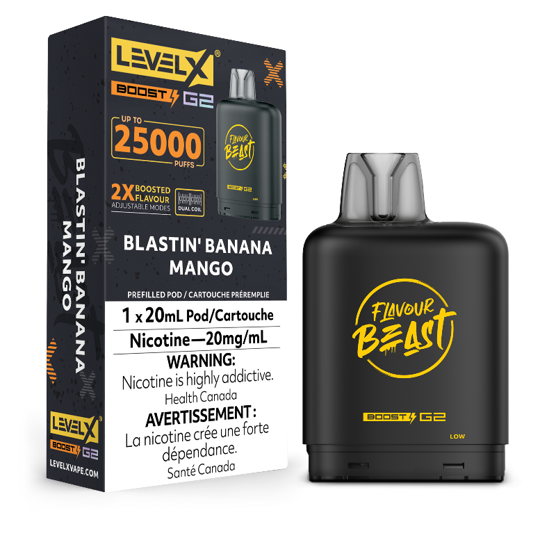 Blastin' Banana Mango Level X Boost Pods - a tropical flavour fusion of creamy banana and tangy mango, delivering up to 15,000 puffs and intense Boost Mode flavour!