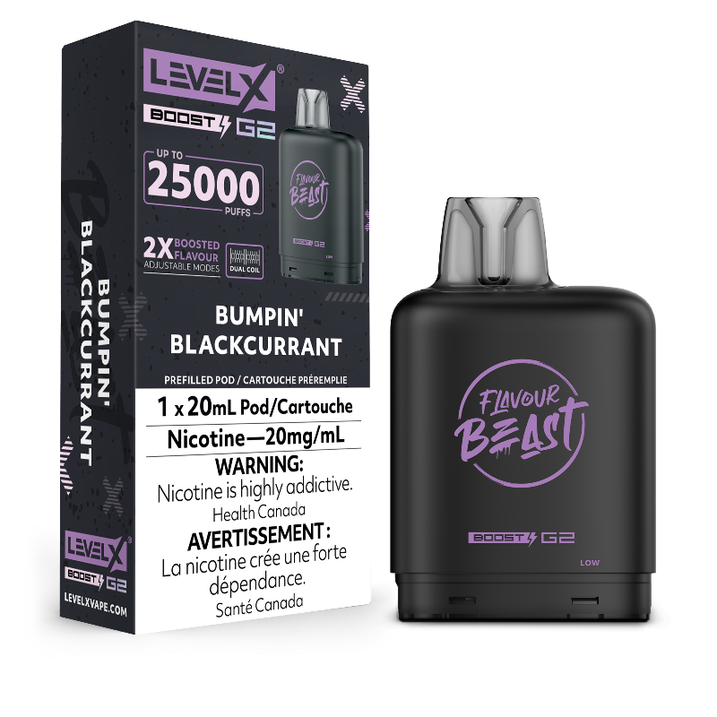 Bumpin' Blackcurrant Level X Boost Pods: Bold, tangy blackcurrant bliss in every puff! Enjoy up to 15,000 puffs and 2x flavor boost in a premium, hybrid vape.