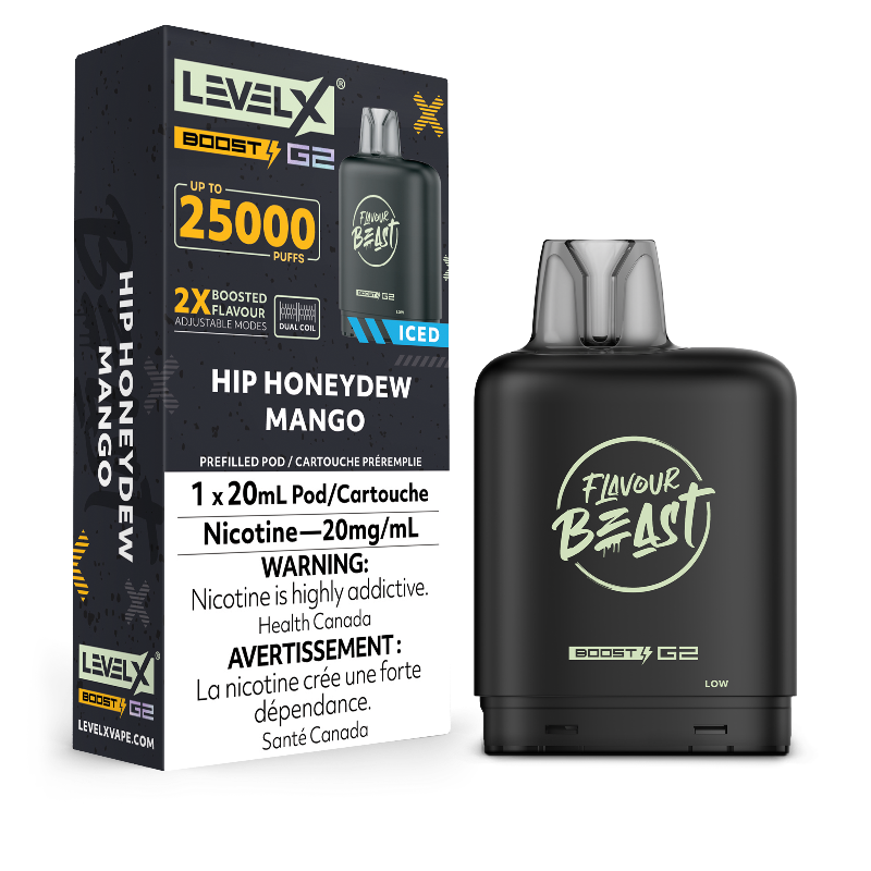 HIP Honeydew Mango Iced Level X Boost Pods: indulge in refreshing honeydew & ripe mango with an icy finish. 20mL, 15,000 puffs & Boost Mode for intense flavour!