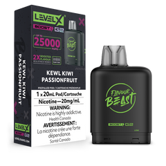 Kewl Kiwi Passionfruit Level X Boost Pods – Tropical kiwi and exotic passionfruit collide in every puff. Enjoy 15,000 puffs and unmatched flavour intensity in Boost Mode.