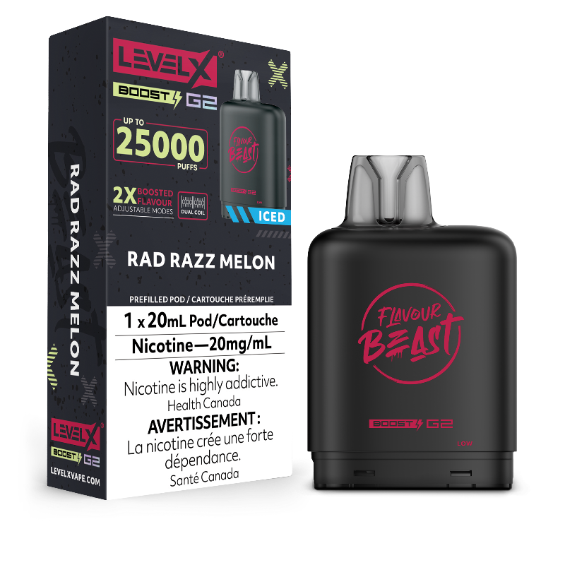 RAD RAZZ MELON ICED Level X Boost Pods offer a juicy fusion of raspberry, sweet melon, and cool ice. Enjoy up to 15,000 puffs with intense flavour!