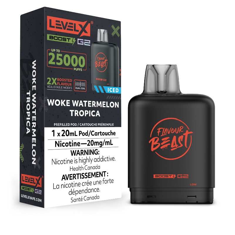 WOKE WATERMELON TROPICA ICED Level X Boost Pods offer a tropical watermelon blast with an icy finish, delivering up to 15,000 puffs with bold, intensified flavour.