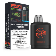 WOKE WATERMELON TROPICA ICED Level X Boost Pods offer a tropical watermelon blast with an icy finish, delivering up to 15,000 puffs with bold, intensified flavour.