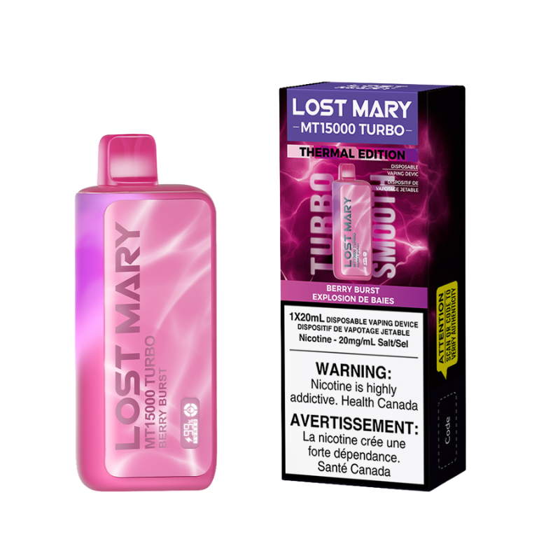 BERRY BURST LOST MARY MT15K TURBO DISPOSABLE VAPE (15000 PUFFS) Thermal Edition - 16ml e-liquid, 11 watts Smooth Mode, 22 watts Turbo Mode, USB-C charging, LED screen monitoring e-liquid and battery life, Dual Mesh Coil