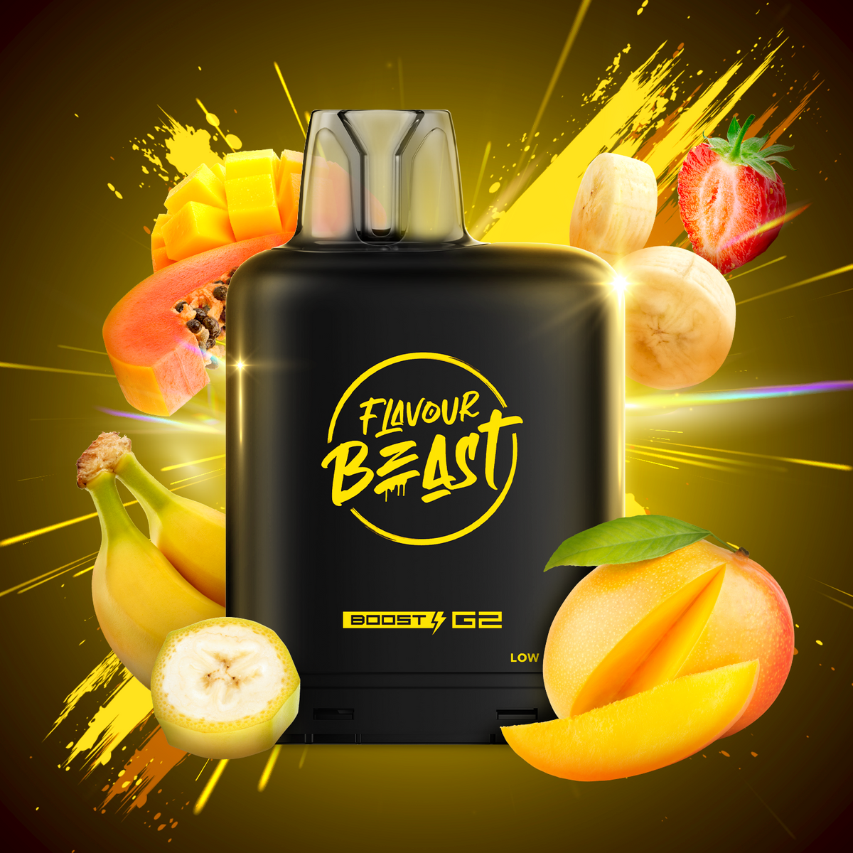 Blastin' Banana Mango Level X Boost Pods - a tropical flavour fusion of creamy banana and tangy mango, delivering up to 15,000 puffs and intense Boost Mode flavour!