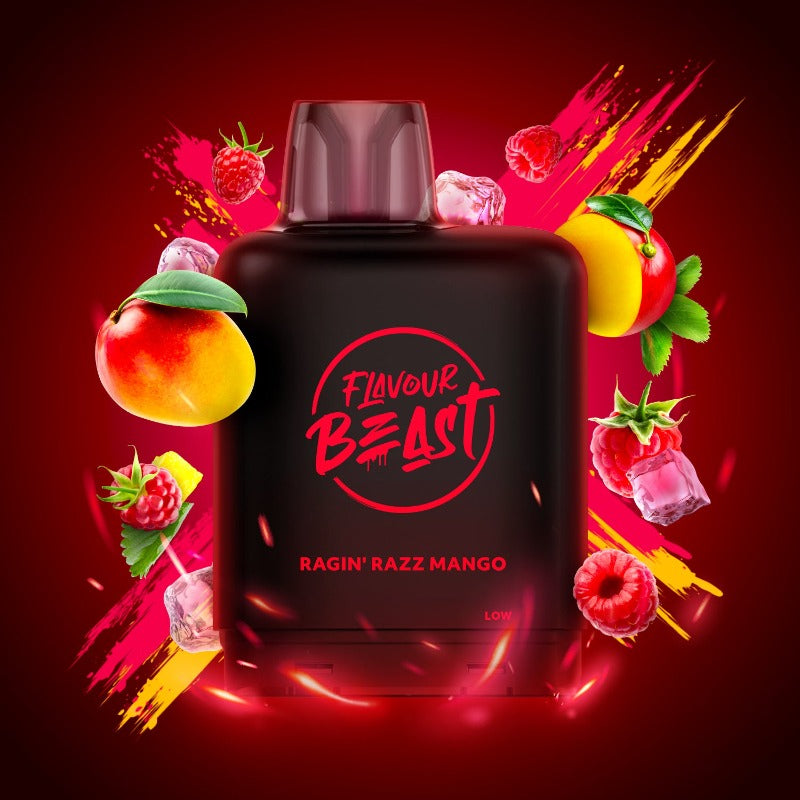 RAGIN' RAZZ MANGO ICED LEVEL X BOOST PODS Take your tastebuds on a rager with the perfect balance of savoury raspberries and super rich mangoes! Experience heightened vaping satisfaction with the Level X Boost Flavour Beast Pods, expertly engineered to offer an unmatched hybrid vaping encounter.