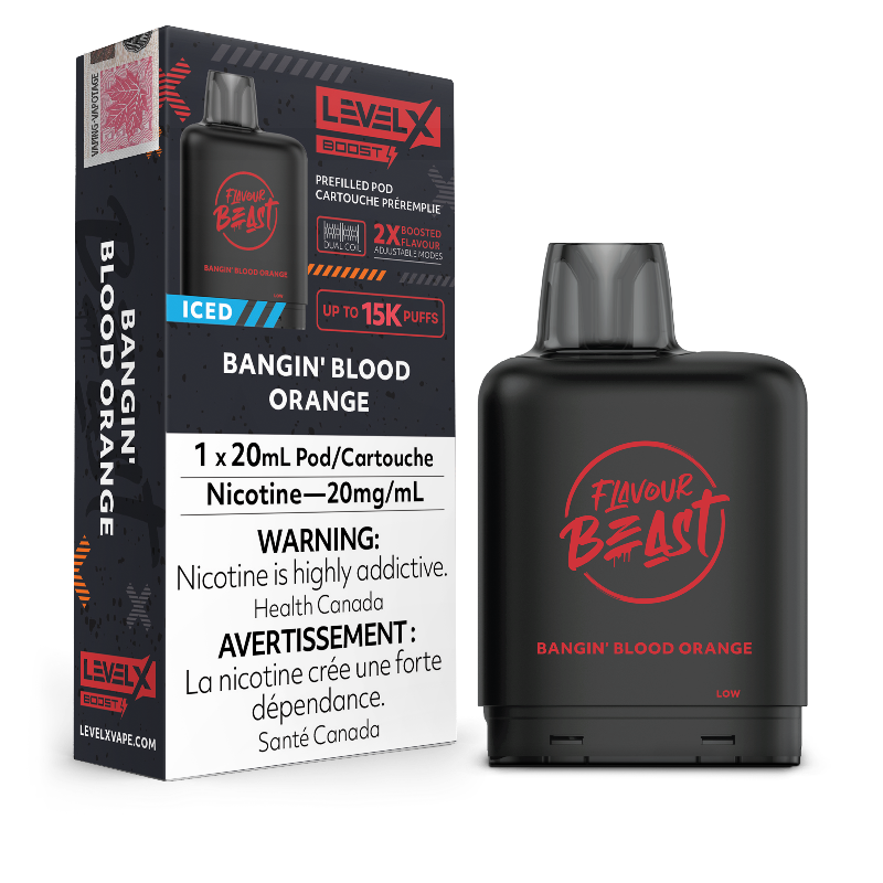 BANGIN' BLOOD ORANGE LEVEL X BOOST PODS A lively fusion of tangy blood oranges, delivering a burst of citrus flavour Experience heightened vaping satisfaction with the Level X Boost Flavour Beast Pods, expertly engineered to offer an unmatched hybrid vaping encounter. Featuring a generous 20mL vape juice capacity.