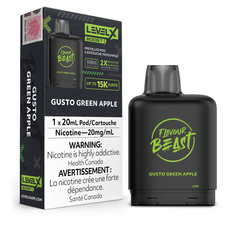 GUSTO GREEN APPLE LEVEL X BOOST PODS Experience the intense flavour of tart yet sweet green apples that make a perfectly balanced puff every time.Experience heightened vaping satisfaction with the Level X Boost Flavour Beast Pods, expertly engineered to offer an unmatched hybrid vaping encounter.