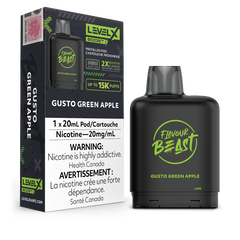 GUSTO GREEN APPLE LEVEL X BOOST PODS Experience the intense flavour of tart yet sweet green apples that make a perfectly balanced puff every time.Experience heightened vaping satisfaction with the Level X Boost Flavour Beast Pods, expertly engineered to offer an unmatched hybrid vaping encounter.